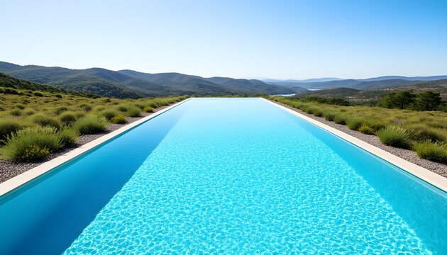 A sparkling infinity pool overlooking a scenic landscape, bright midday sun
