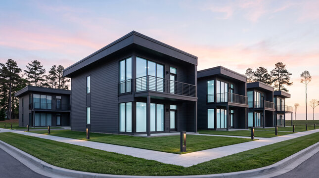 Maisons de ville modernes au lever du soleil