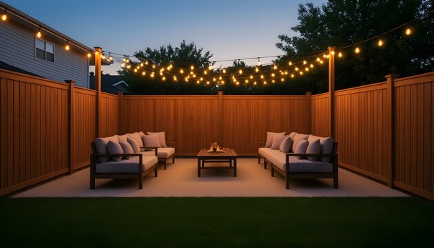 A backyard patio with string lights and comfortable outdoor seating, warm evening light