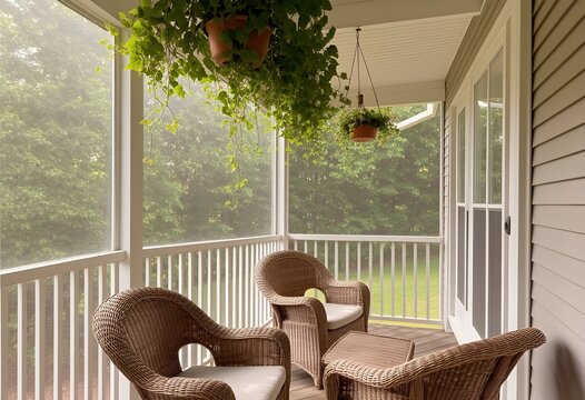 A screened-in porch with wicker furniture and hanging plants, soft afternoon light