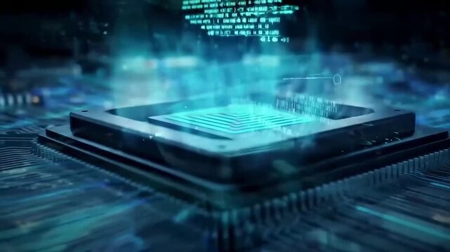 Futuristic circuit board close-up, low-angle shot, highlighting microchip details in a tech video. Live desktop wallpaper.