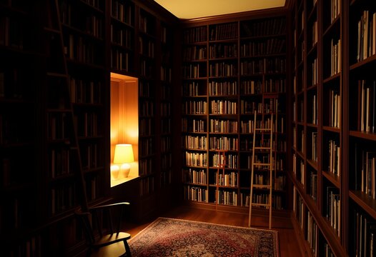 A private library room with floor-to-ceiling bookshelves and a ladder, warm lamp light