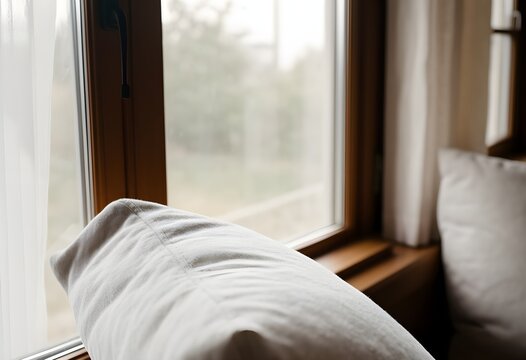 A close-up of a window seat with cushions and a view outside, soft daylight