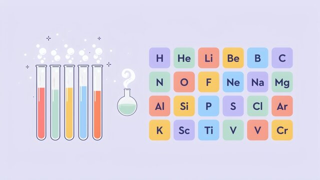 Laboratory glassware with test tubes and a grid of chemical element symbols on light background with flat illustration with illustration