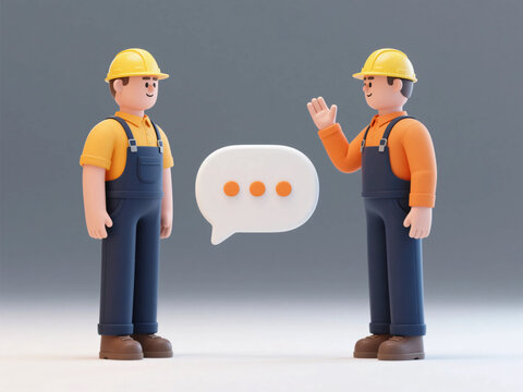 Construction workers talking together with speech bubble symbol in 3D illustration design