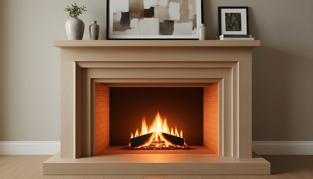 A modern fireplace mantel with decorative styling, warm firelight