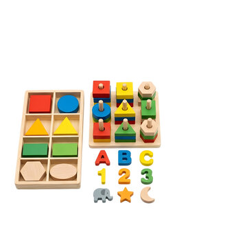 Wooden educational shape sorting puzzle toy set on transparent background
