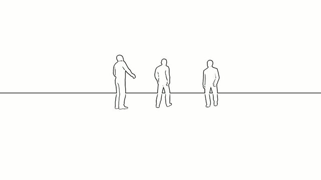 Three abstract figures walking on a white background, minimalist design