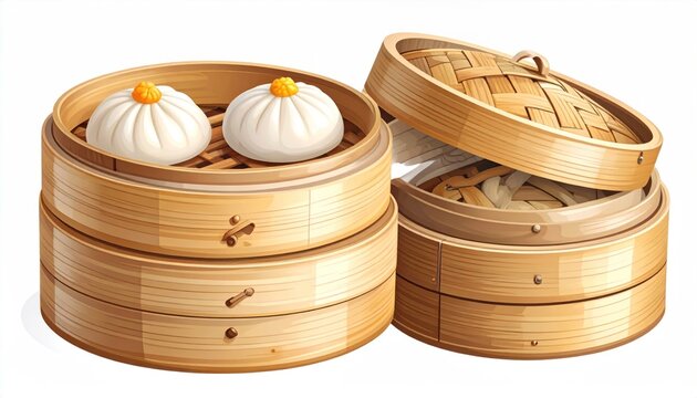 Steamed bao buns in bamboo steamers on white background