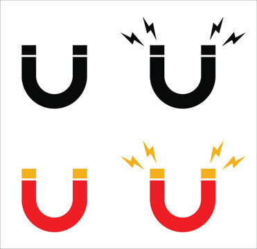 horseshoe magnet icon set, red black magnetic force symbol collection, electric lightning bolt energy graphic, isolated physics science attraction vector.