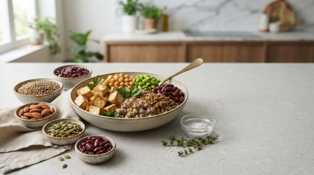 Healthy vegan buddha bowl with roasted chickpeas and tofu in a light kitchen setting tofu salad nutritious