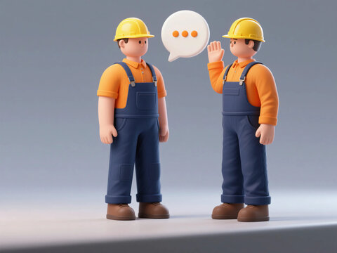 Two construction workers talking with speech bubble in 3d character design illustration style
