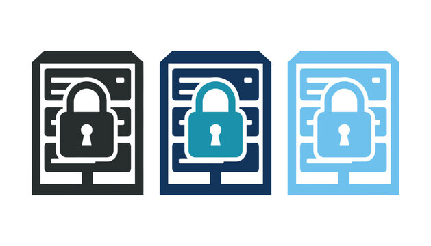 Set of three secure server icons with padlocks in different shades of blue and grey, representing data protection, cybersecurity, and cloud storage