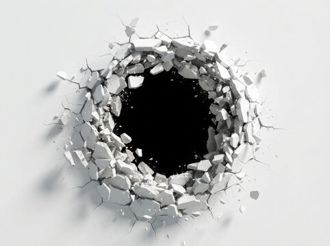 A realistic 3d render of a circular hole shattered in a solid white wall isolated on white background