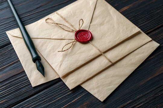 The Wax Sealed Letter Set with Parcel Envelopes and Calligraphy Pen on Wood