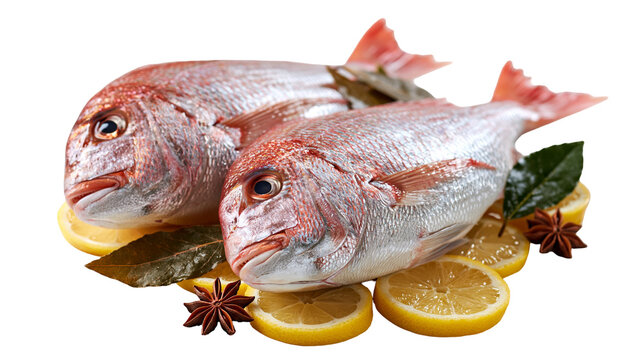 Two fresh whole red snapper fish with lemon slices, bay leaves and star anise