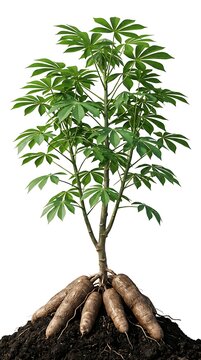 Cassava Plant with Fresh Tuberous Roots and Green Foliage Isolated on White Background for Farming