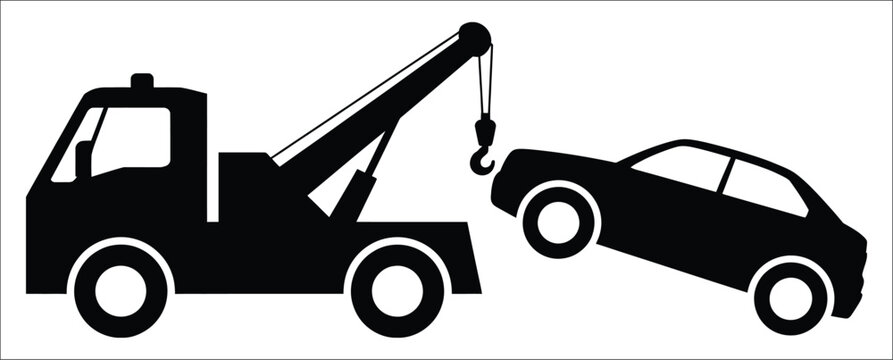 Black silhouette tow truck pulling a car, vehicle recovery service, roadside assistance, towing transportation, automotive emergency support vector illustration
