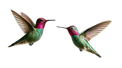 Two Anna s hummingbirds with iridescent magenta heads and green feathers in flight © Isadora