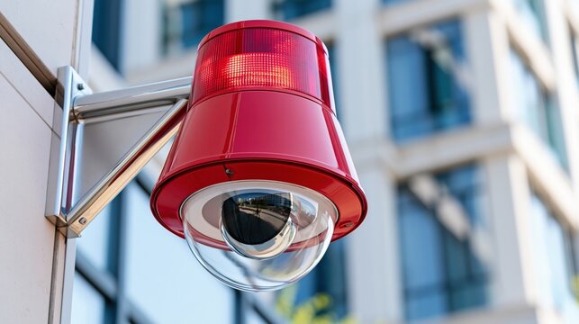 A security camera with an illuminated red warning light is mounted on a building.