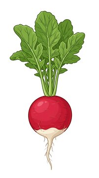 Hand drawn whole fresh red radish vegetable with green leaves and roots isolated on white background