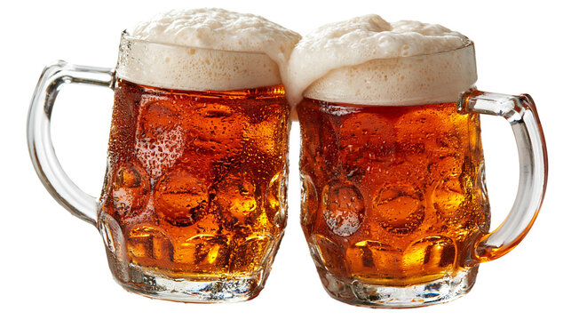 Two dimpled glass beer mugs filled with amber ale and thick white foam head
