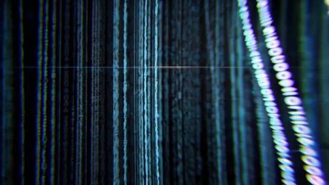 Abstract video of blue digital code cascading vertically, captured from a front angle. Live desktop wallpaper.