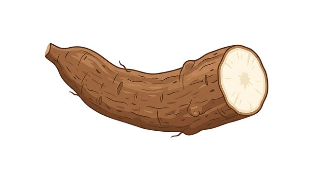 Single Sliced Cassava Root Illustration, Raw Manioc or Yuca Tuber Isolated on White Background