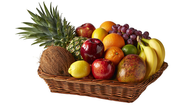 Assorted fresh tropical and temperate fruits in a woven brown wicker basket