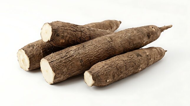 Fresh raw cassava roots or yuca isolated on a white background, staple tropical tuberous vegetable
