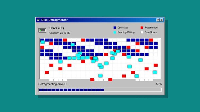 Retro computer disk defragmenter animation with colorful data blocks