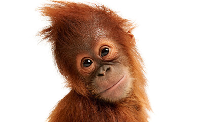 Cute baby orangutan with messy ginger hair looking at camera © Isadora