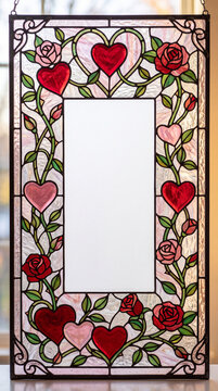 Hanging stained glass Valentine border with pastel hearts and roses