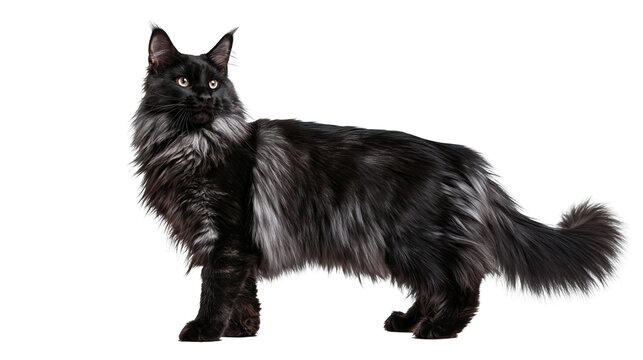 Majestic black Maine Coon cat with long fluffy fur standing in profile