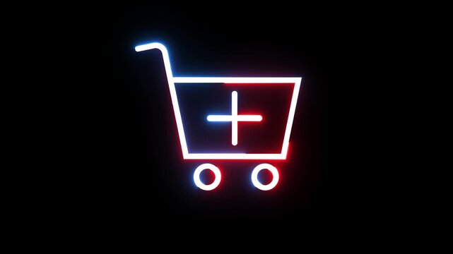 Neon shopping cart icon with plus symbol flickering against a dark background in motion