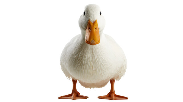 White American Pekin duck standing facing forward with orange beak and feet