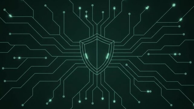 Abstract digital cyber security concept with glowing shield icon and circuit board lines pattern