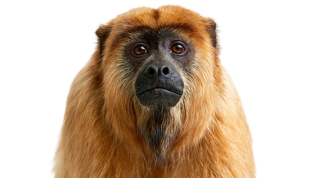 Close up portrait of a golden brown howler monkey with dark facial features