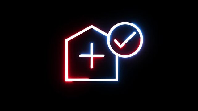 Abstract neon house icon with plus sign and check mark glowing on black background
