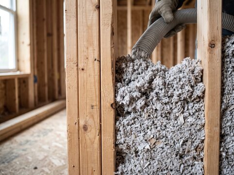 Person in gloves blowing loose fill insulation into a wooden stud wall cavity during new house construction