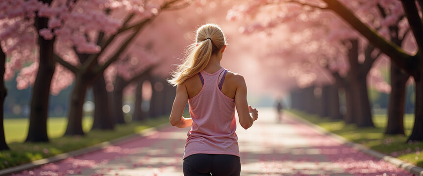 Woman running through cherry blossom park for breast cancer charity marathon and fitness
