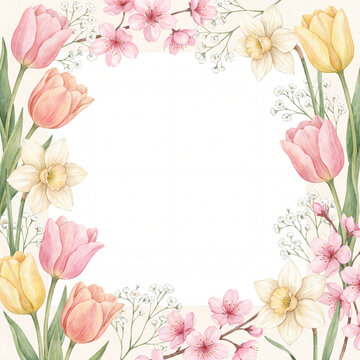 Square spring border of tulips, daffodils and cherry blossoms