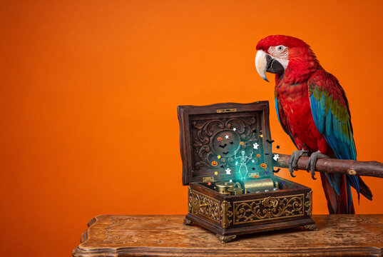 Colorful macaw parrot perched beside an ornate music box with magical spark effects for poster background and banner design