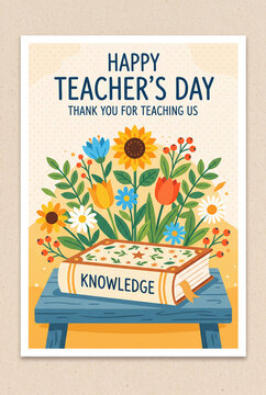 Happy teacher's day greeting card design with a book labeled knowledge and bright floral bouquet for teacher appreciation poster and printable