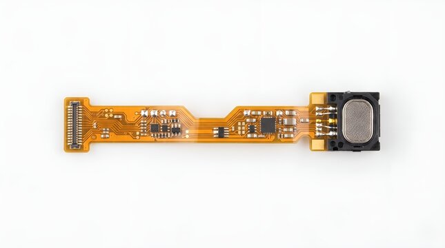 Macro view of a flexible printed circuit board with electronic components.