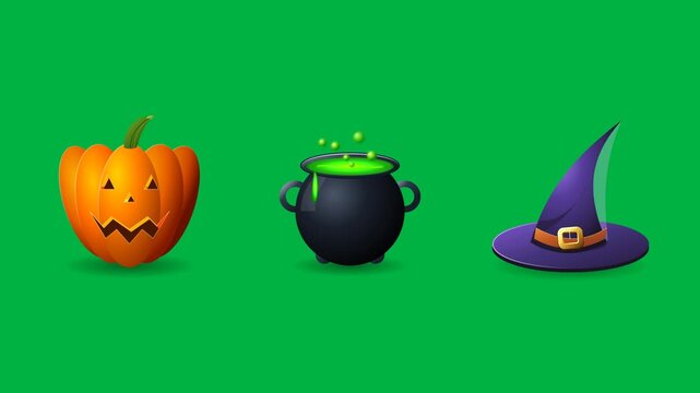 Halloween icon pattern with pumpkins and witch hats on green screen