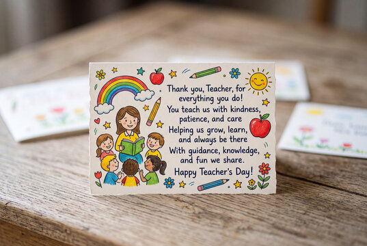 Illustrated thank you teacher card with children and rainbow on wooden table for teacher's day classroom message and kids appreciation background