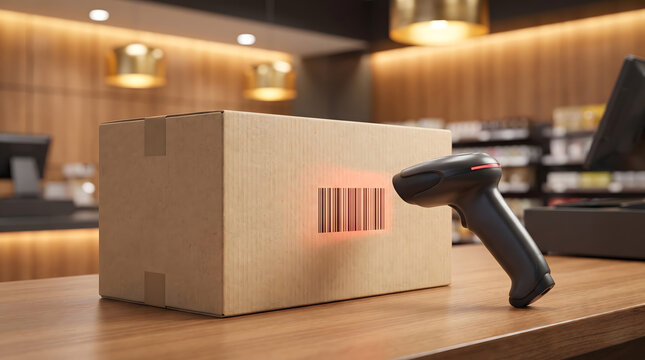 A barcode scanner scans a shipping box on a counter in a modern indoor retail or warehouse environment.