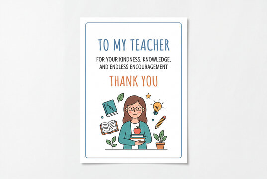 Minimalist teacher appreciation thank you card flat lay with illustrated teacher and school icons for printable poster and stationery design