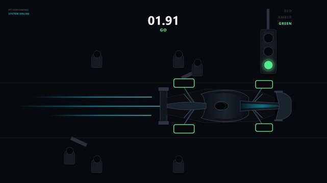 Futuristic racing hud display showing car pit stop data on dark grid